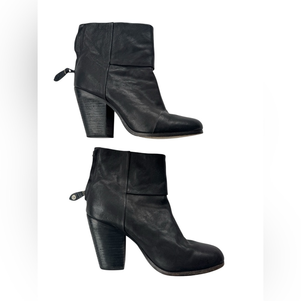 rag & bone Black Leather Stacked Heeled Boots, Size 8.5
